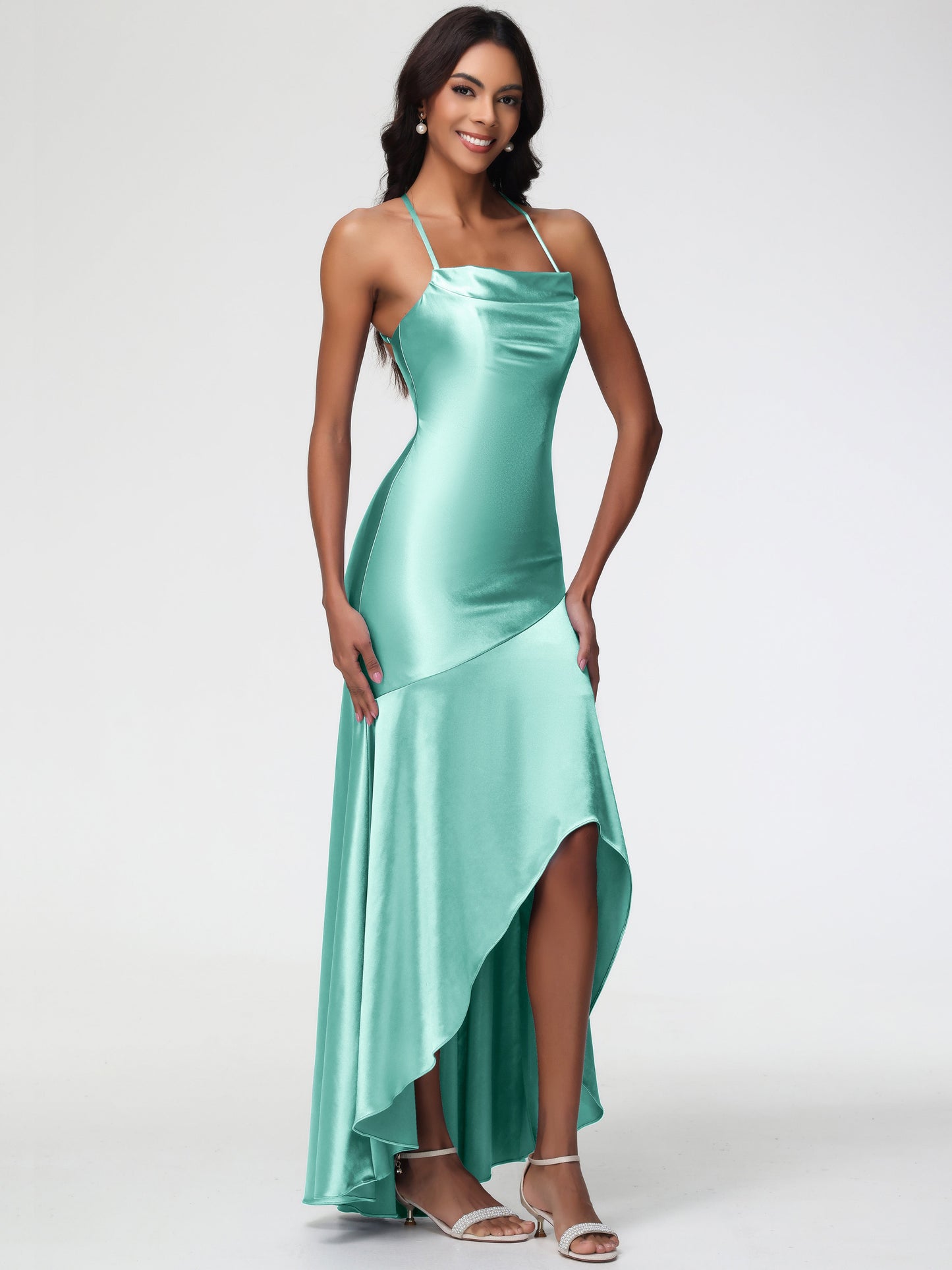 Bridesmaid Mint Green Dress Spaghetti Straps Halter Sleeveless Zipper Long Stretch Satin Bridesmaid Dresses With Split