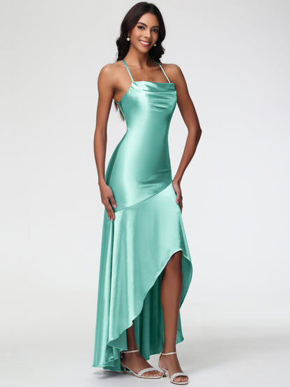 Bridesmaid Mint Green Dress Spaghetti Straps Halter Sleeveless Zipper Long Stretch Satin Bridesmaid Dresses With Split