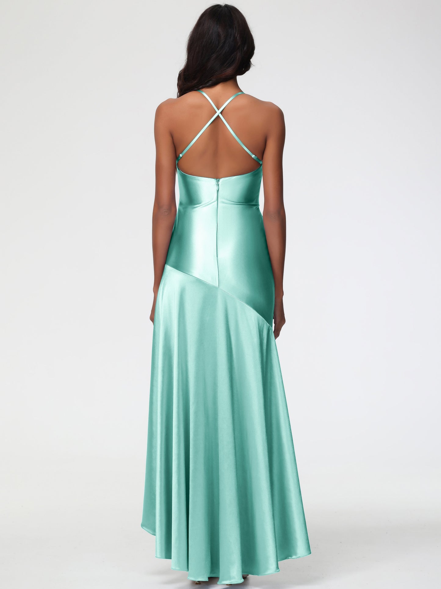 Bridesmaid Mint Green Dress Spaghetti Straps Halter Sleeveless Zipper Long Stretch Satin Bridesmaid Dresses With Split