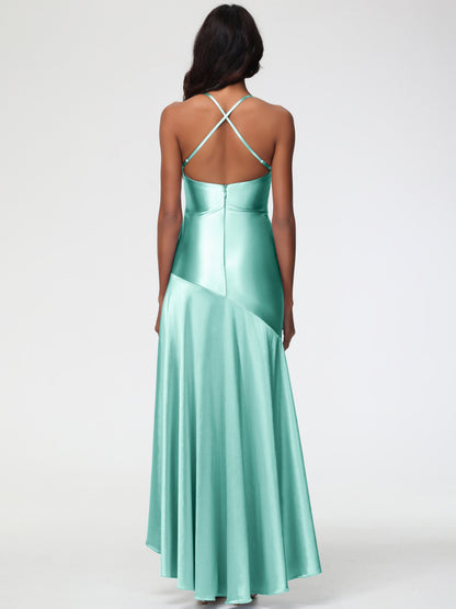Bridesmaid Mint Green Dress Spaghetti Straps Halter Sleeveless Zipper Long Stretch Satin Bridesmaid Dresses With Split