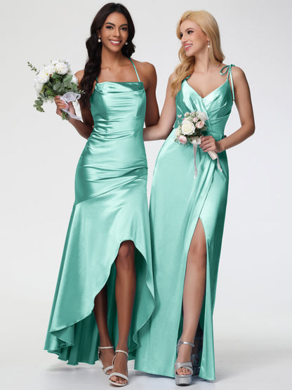 Bridesmaid Mint Green Dress Spaghetti Straps Halter Sleeveless Zipper Long Stretch Satin Bridesmaid Dresses With Split
