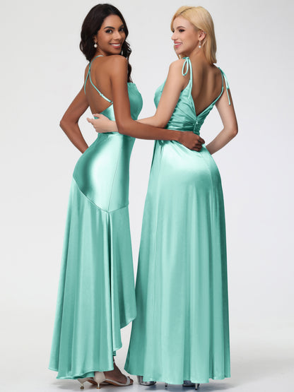 Bridesmaid Mint Green Dress Spaghetti Straps Halter Sleeveless Zipper Long Stretch Satin Bridesmaid Dresses With Split