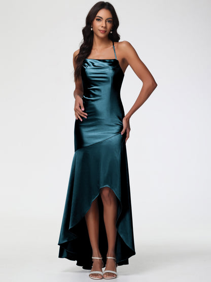 Bridesmaid Dresses Peacock Blue Spaghetti Straps Halter Sleeveless Zipper Long Stretch Satin Bridesmaid Dresses With Split