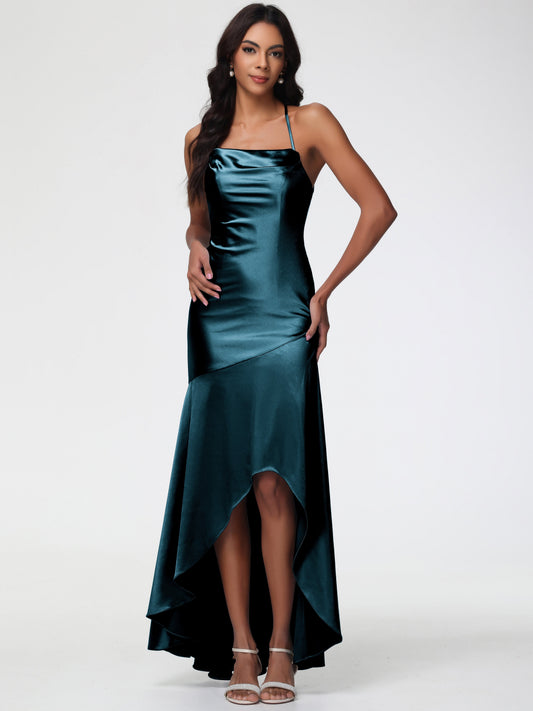 Bridesmaid Dresses Peacock Blue Spaghetti Straps Halter Sleeveless Zipper Long Stretch Satin Bridesmaid Dresses With Split