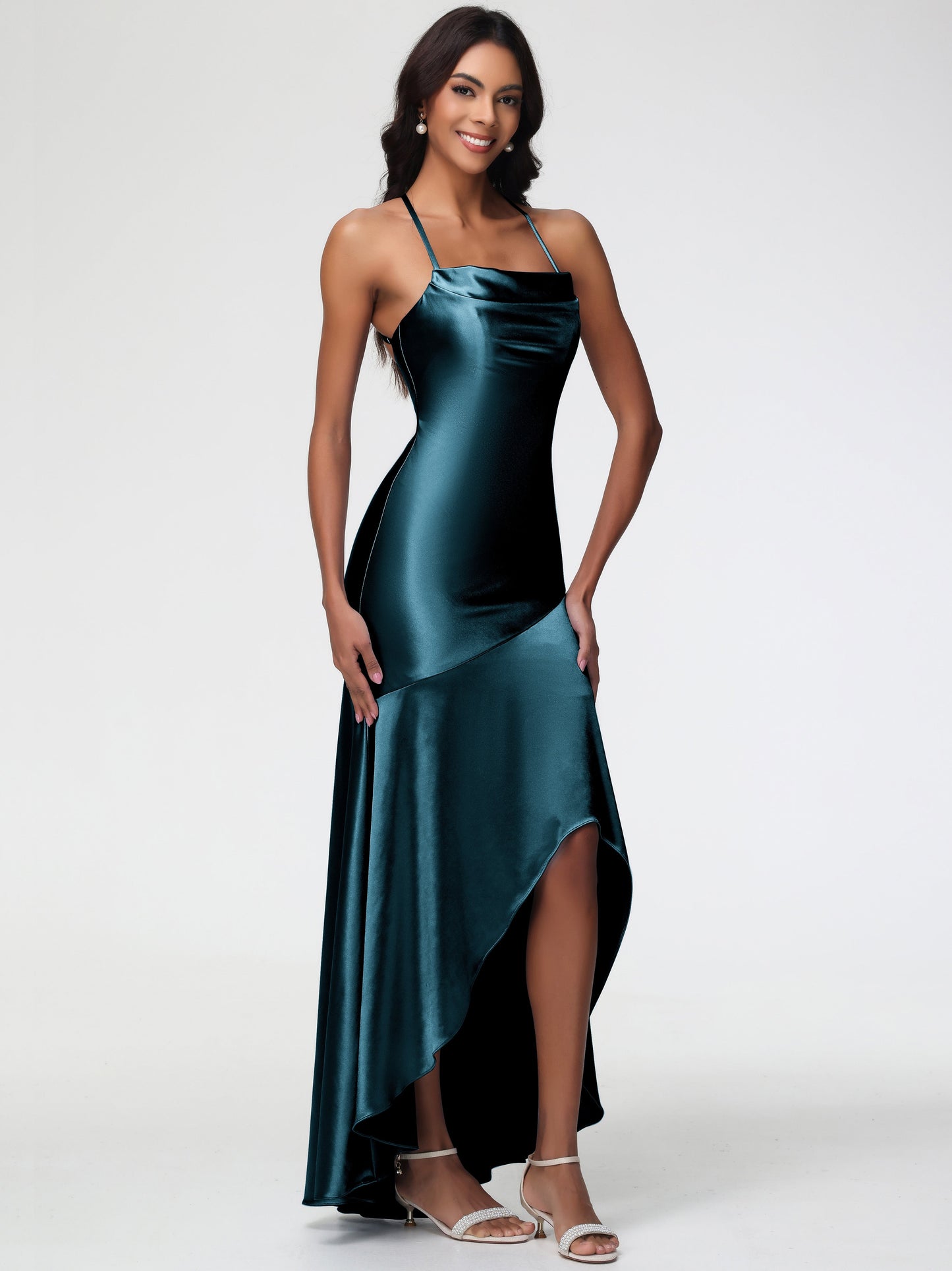 Bridesmaid Dresses Peacock Blue Spaghetti Straps Halter Sleeveless Zipper Long Stretch Satin Bridesmaid Dresses With Split