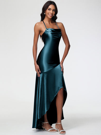 Bridesmaid Dresses Peacock Blue Spaghetti Straps Halter Sleeveless Zipper Long Stretch Satin Bridesmaid Dresses With Split