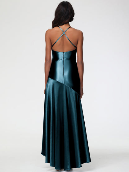 Bridesmaid Dresses Peacock Blue Spaghetti Straps Halter Sleeveless Zipper Long Stretch Satin Bridesmaid Dresses With Split