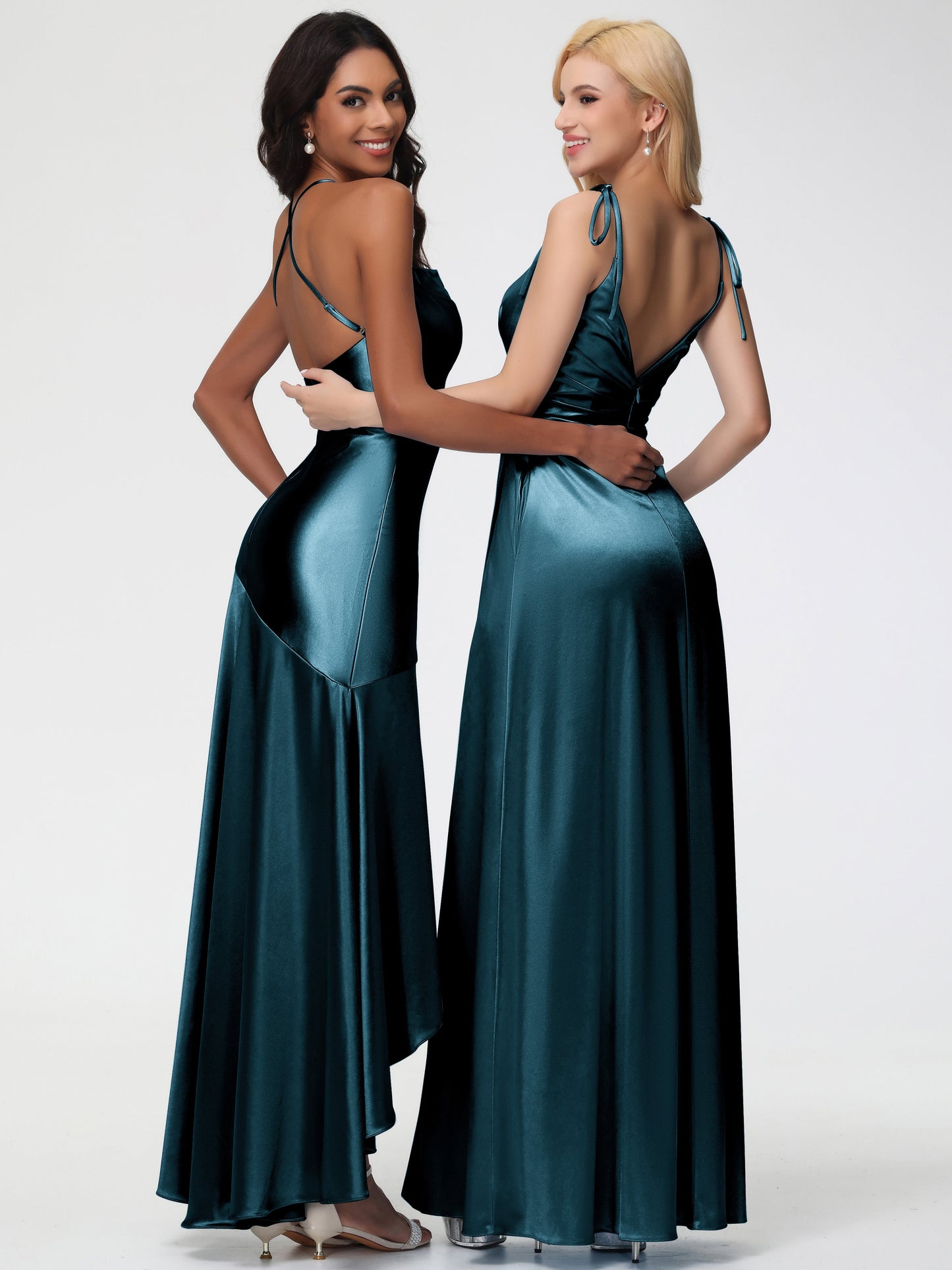 Bridesmaid Dresses Peacock Blue Spaghetti Straps Halter Sleeveless Zipper Long Stretch Satin Bridesmaid Dresses With Split