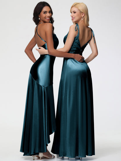 Bridesmaid Dresses Peacock Blue Spaghetti Straps Halter Sleeveless Zipper Long Stretch Satin Bridesmaid Dresses With Split