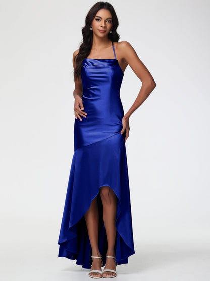 Bridesmaid Dresses Royal Blue Spaghetti Straps Halter Sleeveless Zipper Long Stretch Satin Bridesmaid Dresses With Split