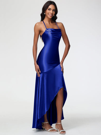 Bridesmaid Dresses Royal Blue Spaghetti Straps Halter Sleeveless Zipper Long Stretch Satin Bridesmaid Dresses With Split
