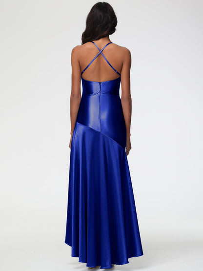 Bridesmaid Dresses Royal Blue Spaghetti Straps Halter Sleeveless Zipper Long Stretch Satin Bridesmaid Dresses With Split