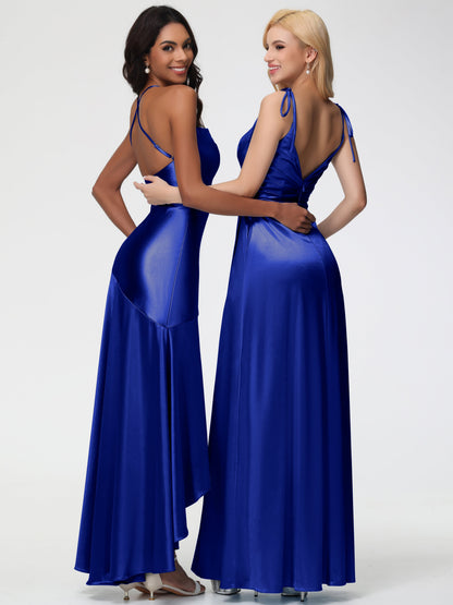 Bridesmaid Dresses Royal Blue Spaghetti Straps Halter Sleeveless Zipper Long Stretch Satin Bridesmaid Dresses With Split