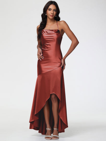 Bridesmaids Dresses Rust Spaghetti Straps Halter Sleeveless Zipper Long Stretch Satin Bridesmaid Dresses With Split