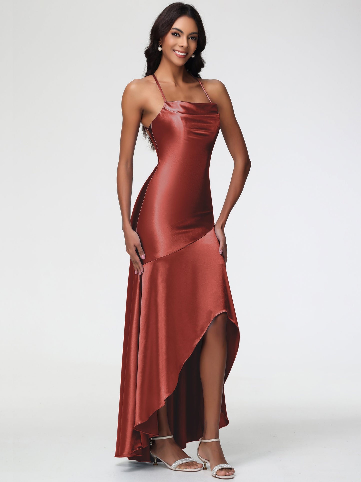 Bridesmaids Dresses Rust Spaghetti Straps Halter Sleeveless Zipper Long Stretch Satin Bridesmaid Dresses With Split