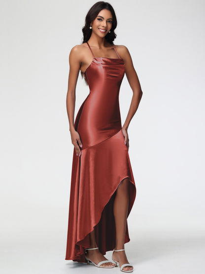 Bridesmaids Dresses Rust Spaghetti Straps Halter Sleeveless Zipper Long Stretch Satin Bridesmaid Dresses With Split