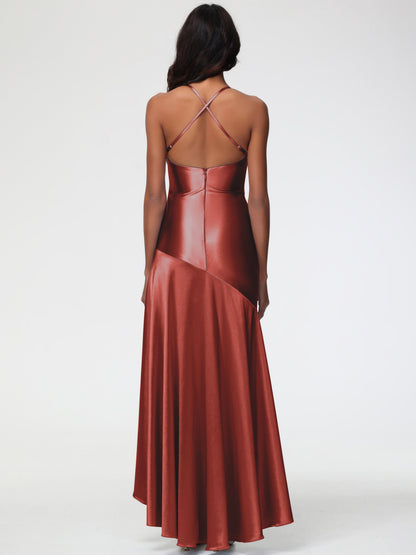 Bridesmaids Dresses Rust Spaghetti Straps Halter Sleeveless Zipper Long Stretch Satin Bridesmaid Dresses With Split