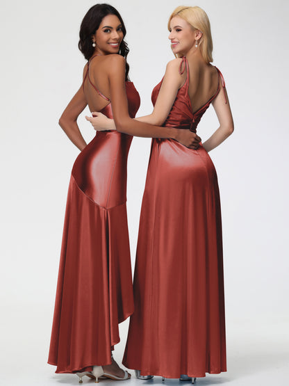 Bridesmaids Dresses Rust Spaghetti Straps Halter Sleeveless Zipper Long Stretch Satin Bridesmaid Dresses With Split