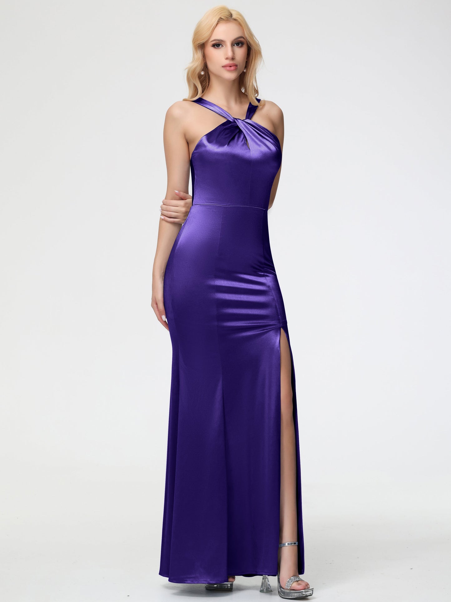 Bridesmaid Dresses Regency Purple Halter Trumpet/Mermaid Stretch Satin Bridesmaid Dresses With Split