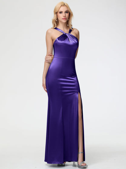 Bridesmaid Dresses Regency Purple Halter Trumpet/Mermaid Stretch Satin Bridesmaid Dresses With Split