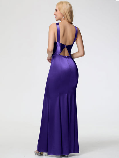 Bridesmaid Dresses Regency Purple Halter Trumpet/Mermaid Stretch Satin Bridesmaid Dresses With Split