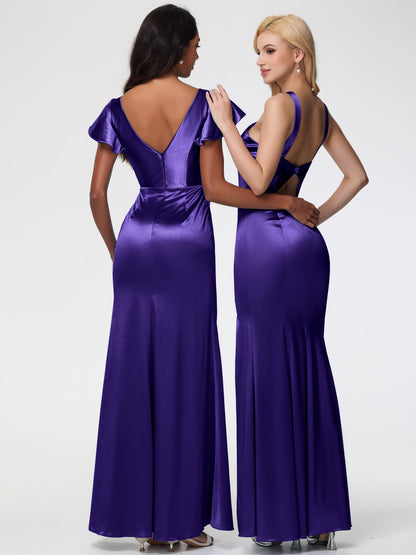 Bridesmaid Dresses Regency Purple Halter Trumpet/Mermaid Stretch Satin Bridesmaid Dresses With Split