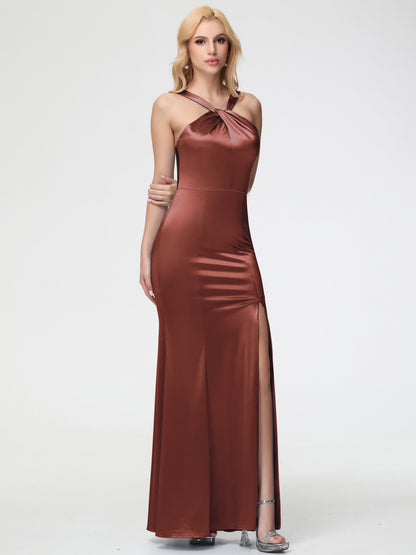 Bridesmaid Dresses Terracotta Dress Halter Trumpet/Mermaid Stretch Satin Bridesmaid Dresses With Split