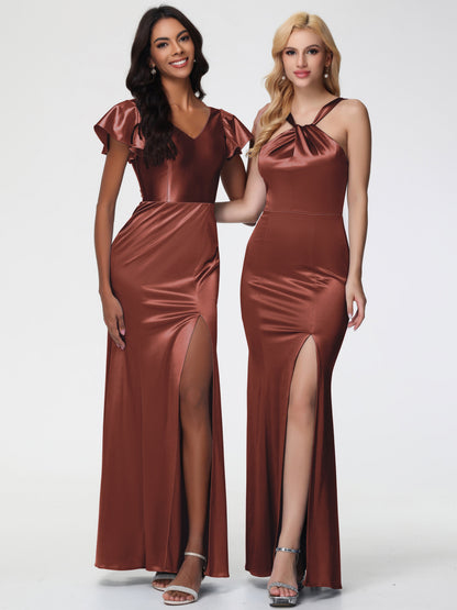 Bridesmaid Dresses Terracotta Dress Halter Trumpet/Mermaid Stretch Satin Bridesmaid Dresses With Split