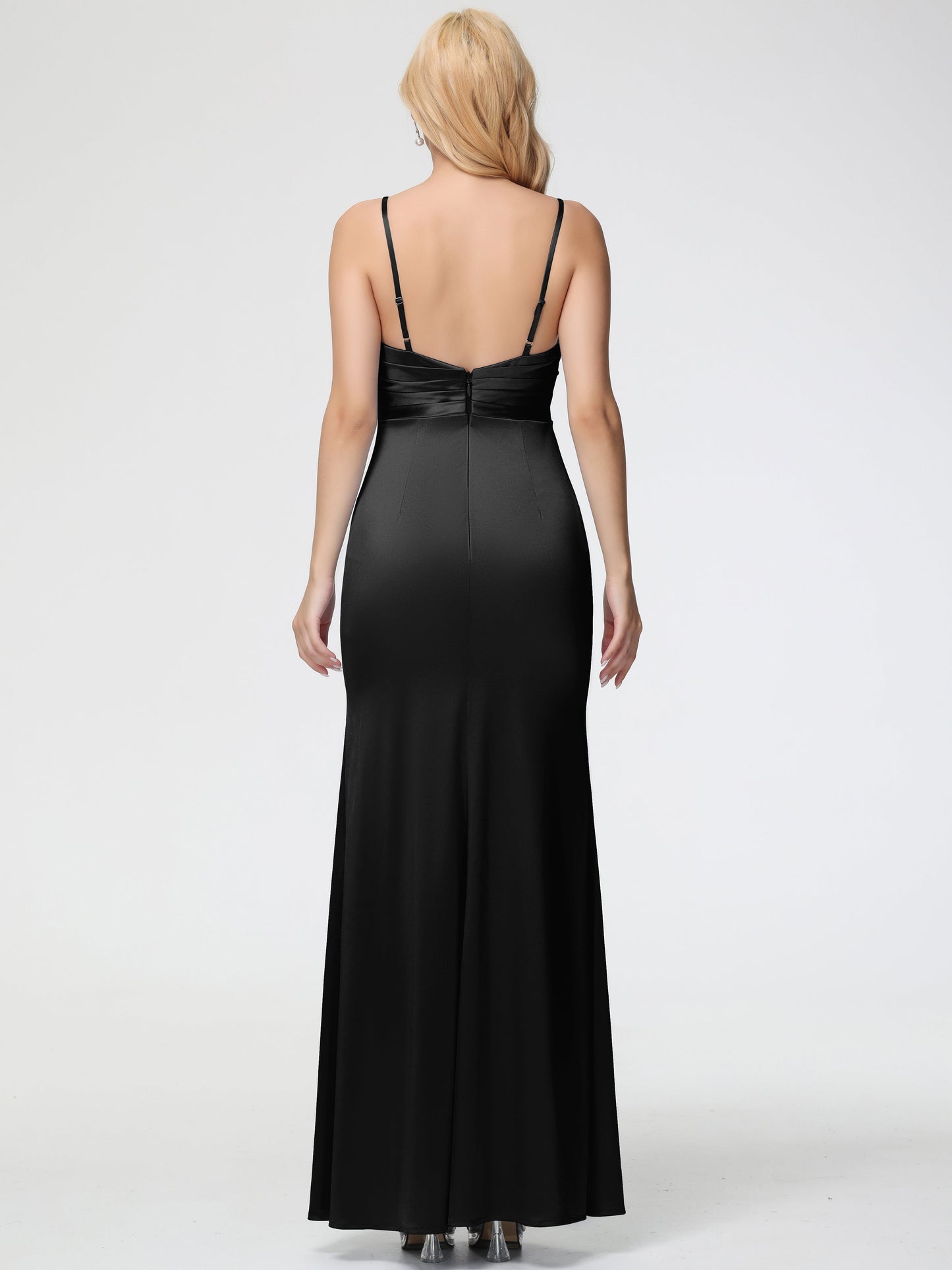 Black V Neck Bridesmaid Dress V-Neck Sleeveless Spaghetti Straps Trumpet/Mermaid Split Stretch Satin Bridesmaid Dresses