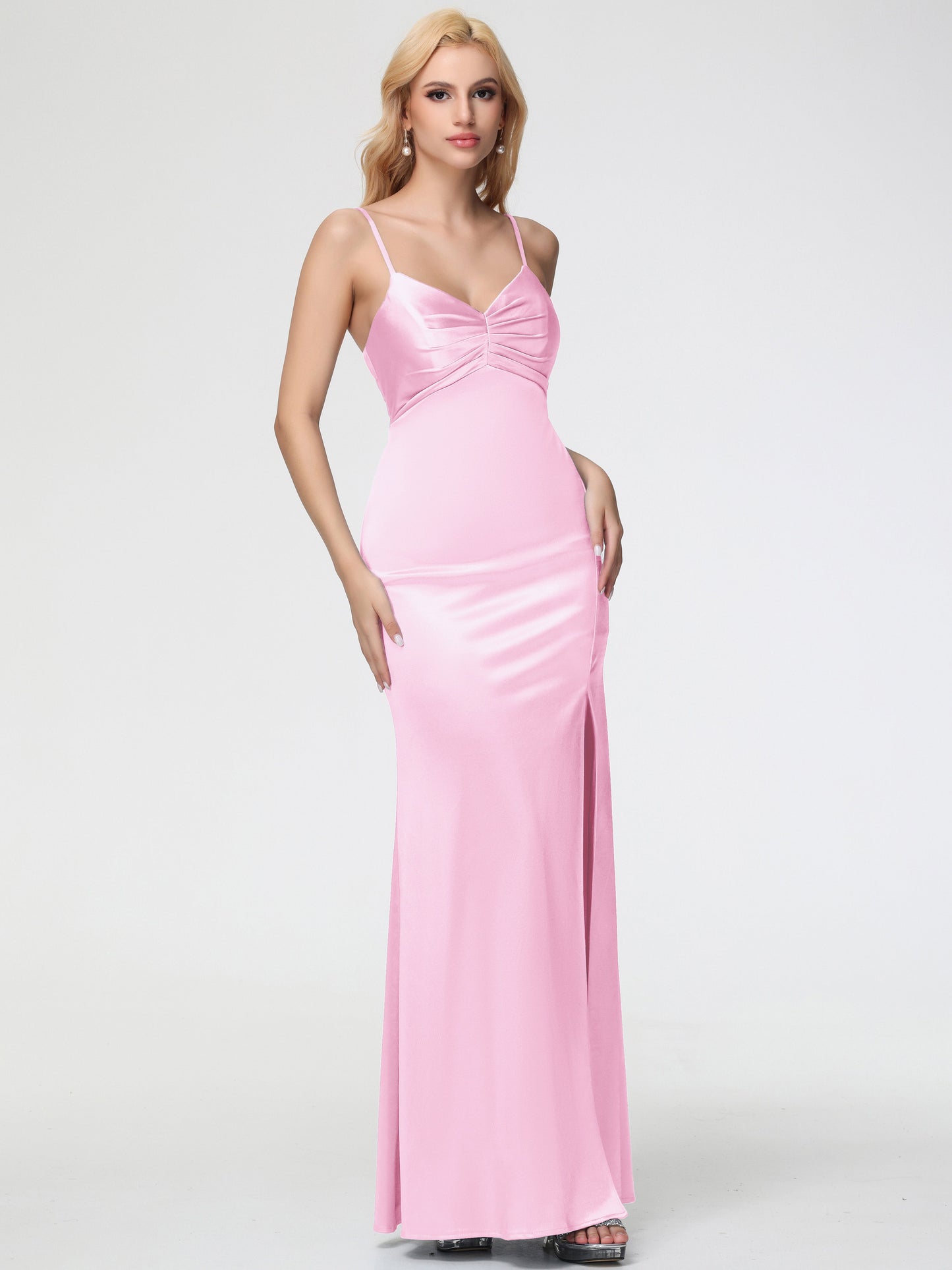 Bridesmaid Dresses Blush V-Neck Sleeveless Spaghetti Straps Trumpet/Mermaid Split Stretch Satin Bridesmaid Dresses