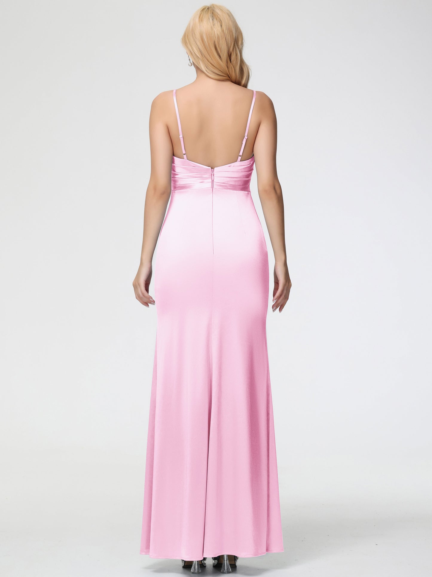 Bridesmaid Dresses Blush V-Neck Sleeveless Spaghetti Straps Trumpet/Mermaid Split Stretch Satin Bridesmaid Dresses
