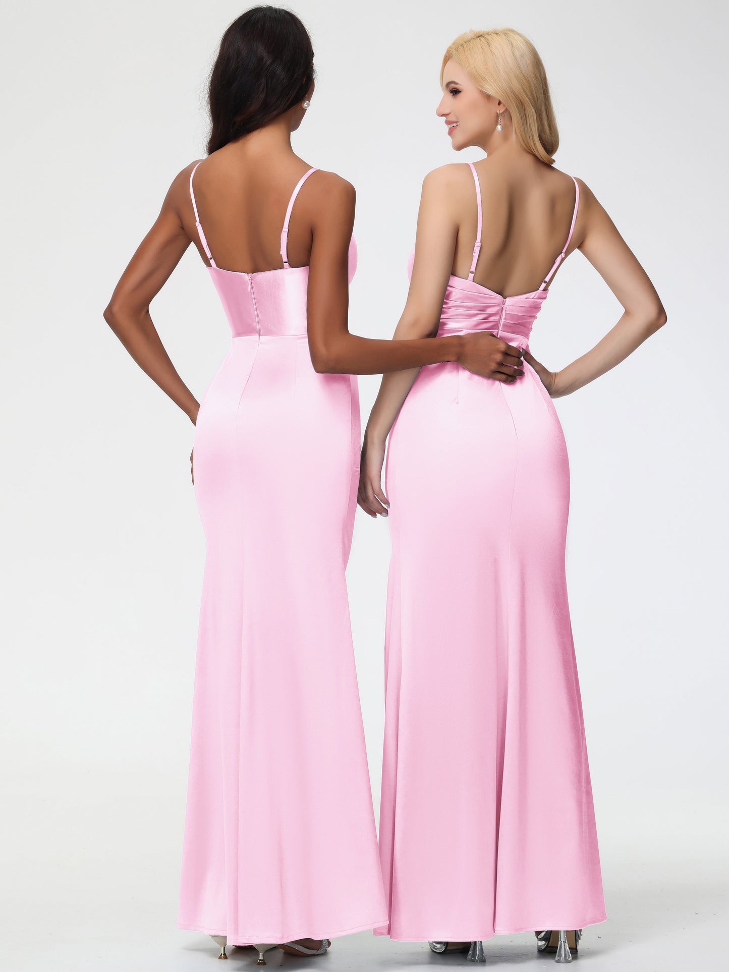 Bridesmaid Dresses Blush V-Neck Sleeveless Spaghetti Straps Trumpet/Mermaid Split Stretch Satin Bridesmaid Dresses
