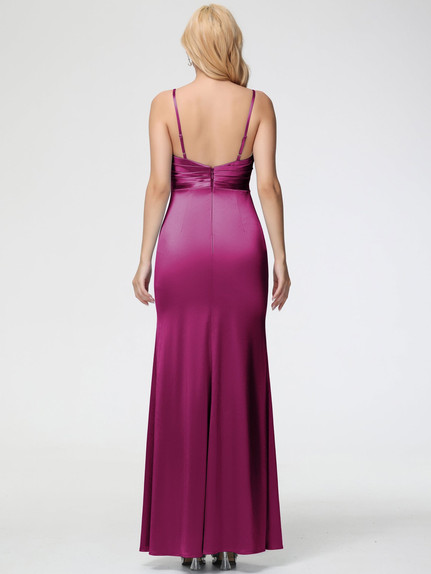 Bridesmaid Dresses Fuchsia V-Neck Sleeveless Spaghetti Straps Trumpet/Mermaid Split Stretch Satin Bridesmaid Dresses