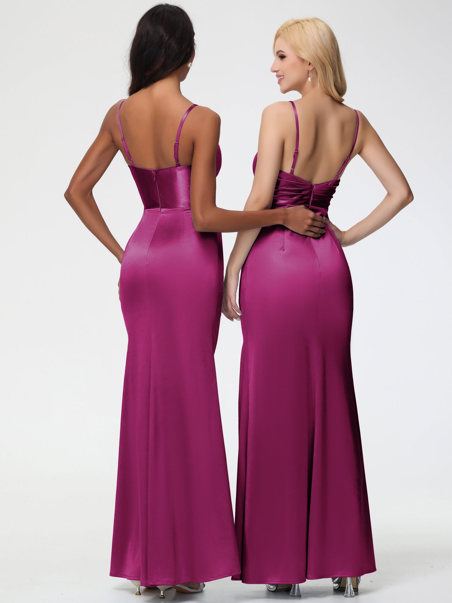 Bridesmaid Dresses Fuchsia V-Neck Sleeveless Spaghetti Straps Trumpet/Mermaid Split Stretch Satin Bridesmaid Dresses
