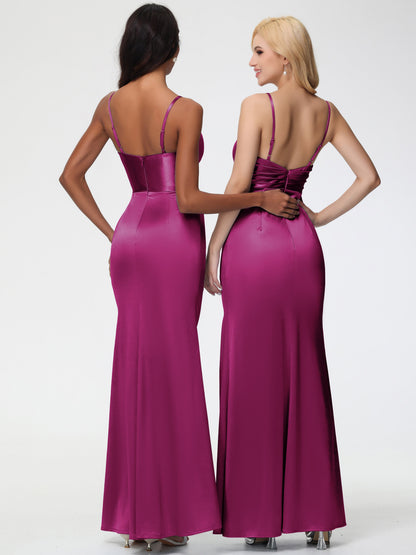 Bridesmaid Dresses Fuchsia V-Neck Sleeveless Spaghetti Straps Trumpet/Mermaid Split Stretch Satin Bridesmaid Dresses