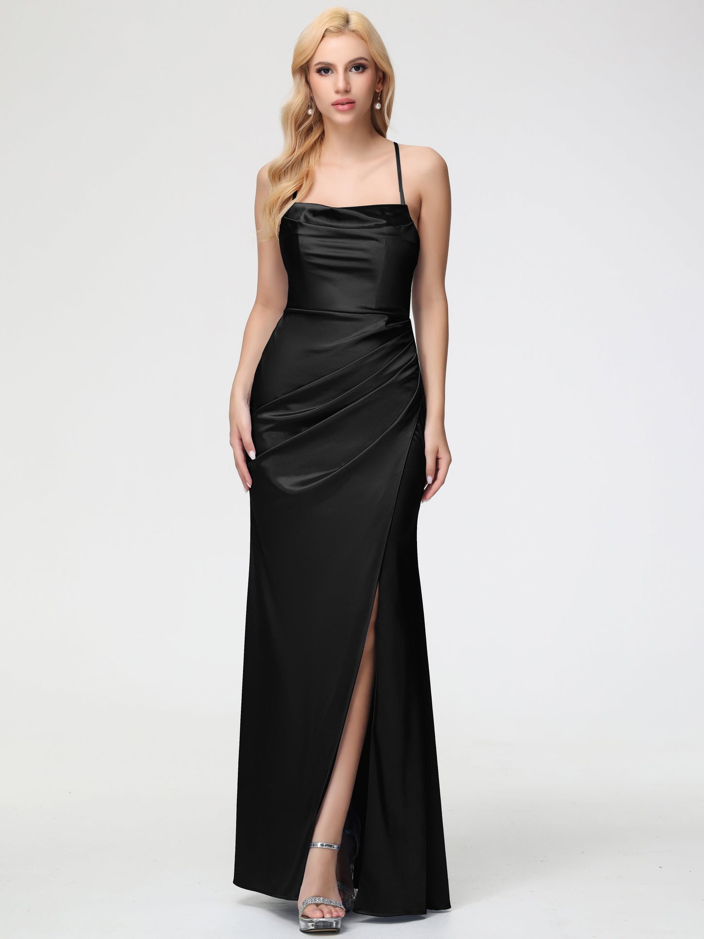 Bridesmaid Black Dresses Sleeveless Cowl Spaghetti Straps Trumpet/Mermaid Split Stretch Satin Bridesmaid Dresses