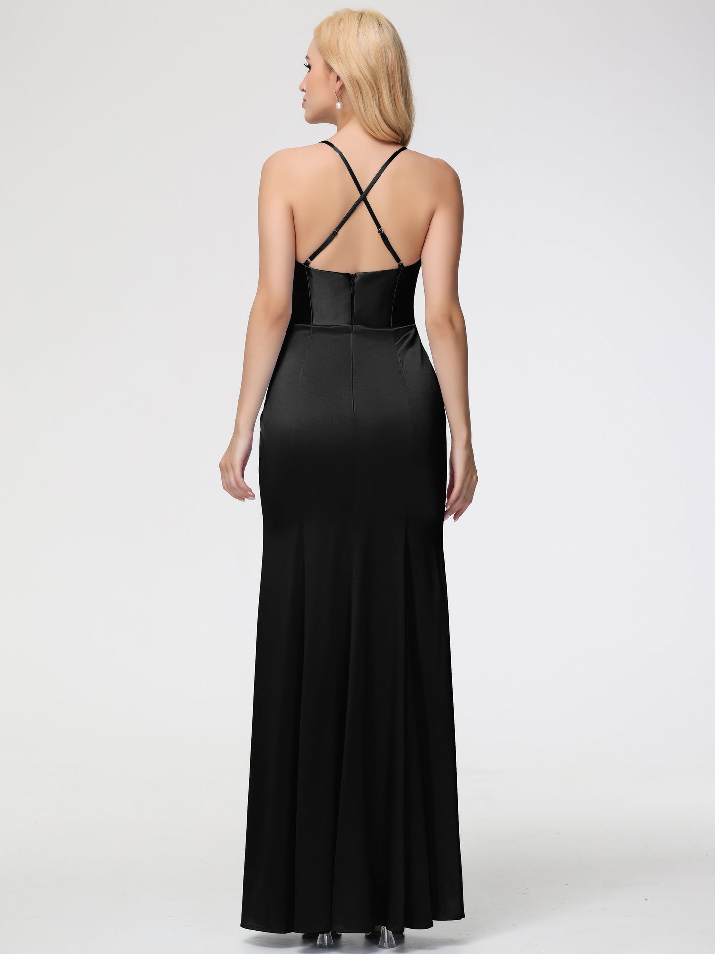 Bridesmaid Black Dresses Sleeveless Cowl Spaghetti Straps Trumpet/Mermaid Split Stretch Satin Bridesmaid Dresses