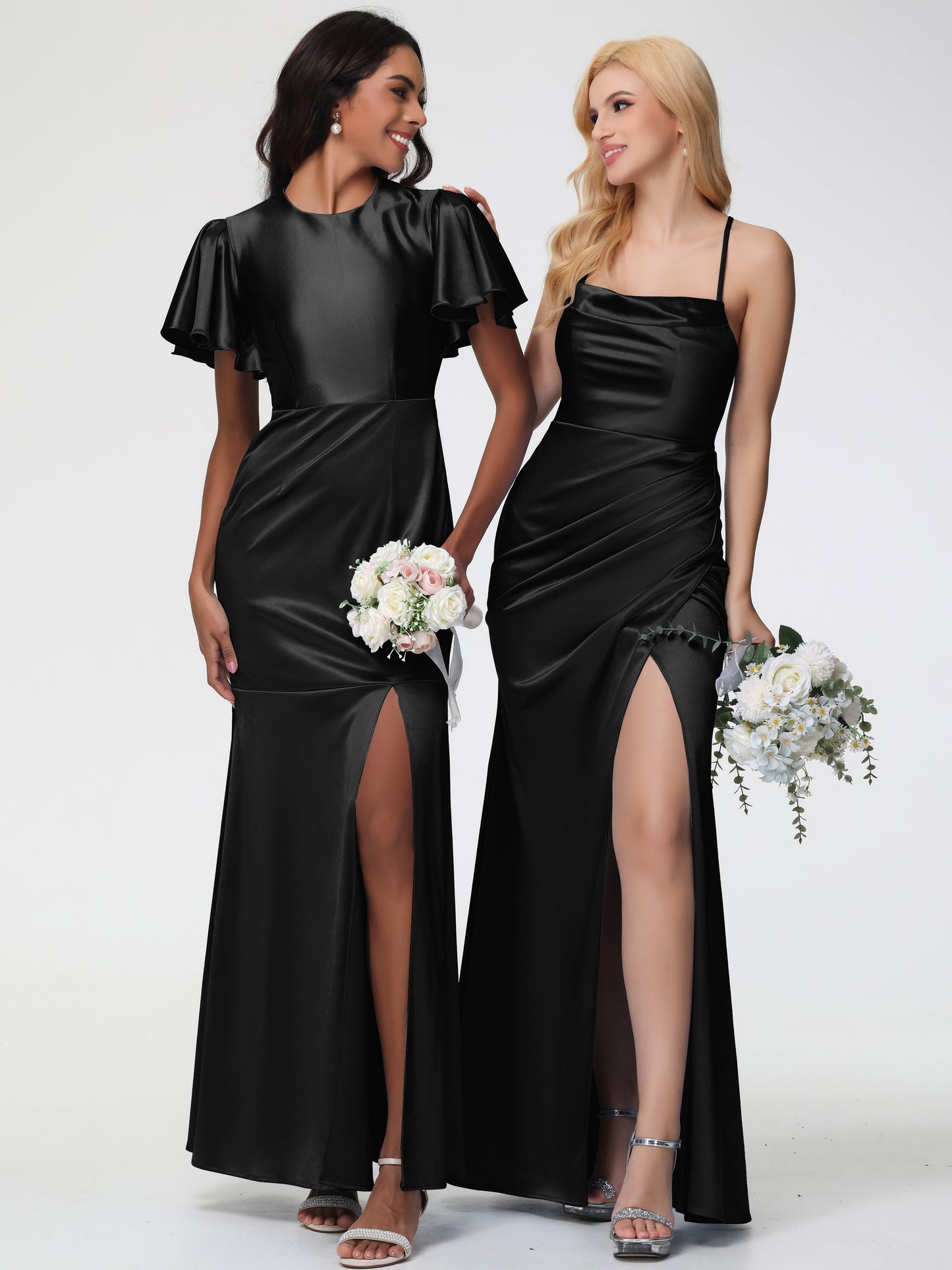Bridesmaid Black Dresses Sleeveless Cowl Spaghetti Straps Trumpet/Mermaid Split Stretch Satin Bridesmaid Dresses
