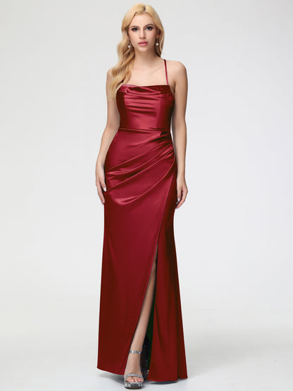 Burgundy Bridesmaid Dresses Sleeveless Cowl Spaghetti Straps Trumpet/Mermaid Split Stretch Satin Bridesmaid Dresses
