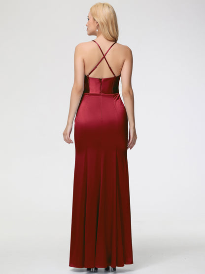 Burgundy Bridesmaid Dresses Sleeveless Cowl Spaghetti Straps Trumpet/Mermaid Split Stretch Satin Bridesmaid Dresses