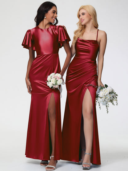 Burgundy Bridesmaid Dresses Sleeveless Cowl Spaghetti Straps Trumpet/Mermaid Split Stretch Satin Bridesmaid Dresses