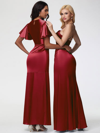 Burgundy Bridesmaid Dresses Sleeveless Cowl Spaghetti Straps Trumpet/Mermaid Split Stretch Satin Bridesmaid Dresses
