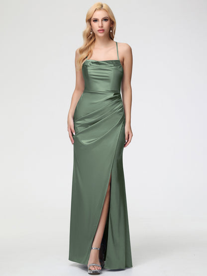 Bridesmaid Dress Olive Green Sleeveless Cowl Spaghetti Straps Trumpet/Mermaid Split Stretch Satin Bridesmaid Dresses