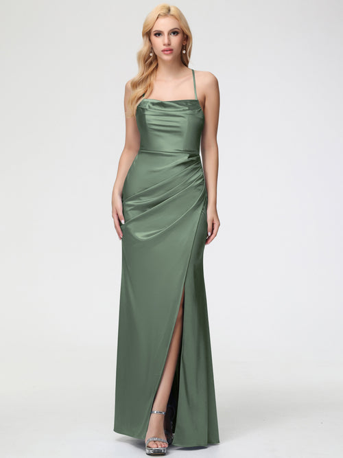 Bridesmaid Dress Olive Green Sleeveless Cowl Spaghetti Straps Trumpet/Mermaid Split Stretch Satin Bridesmaid Dresses