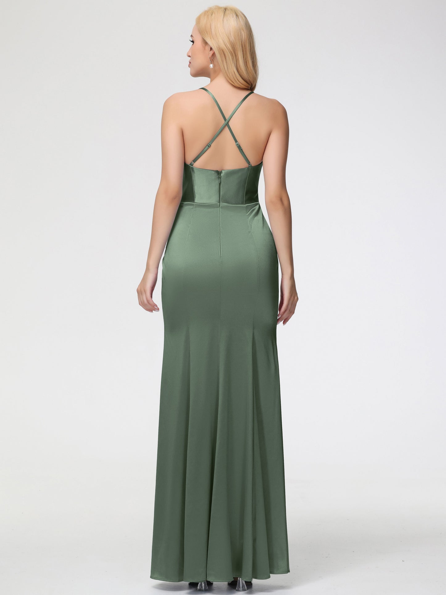 Bridesmaid Dress Olive Green Sleeveless Cowl Spaghetti Straps Trumpet/Mermaid Split Stretch Satin Bridesmaid Dresses