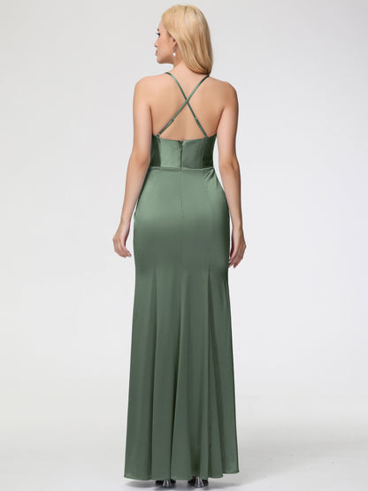 Bridesmaid Dress Olive Green Sleeveless Cowl Spaghetti Straps Trumpet/Mermaid Split Stretch Satin Bridesmaid Dresses