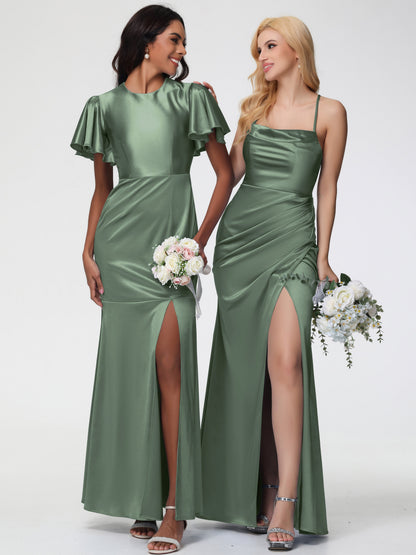 Bridesmaid Dress Olive Green Sleeveless Cowl Spaghetti Straps Trumpet/Mermaid Split Stretch Satin Bridesmaid Dresses