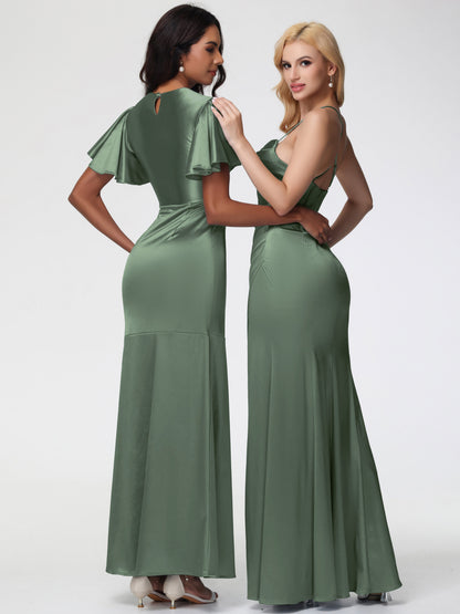 Bridesmaid Dress Olive Green Sleeveless Cowl Spaghetti Straps Trumpet/Mermaid Split Stretch Satin Bridesmaid Dresses