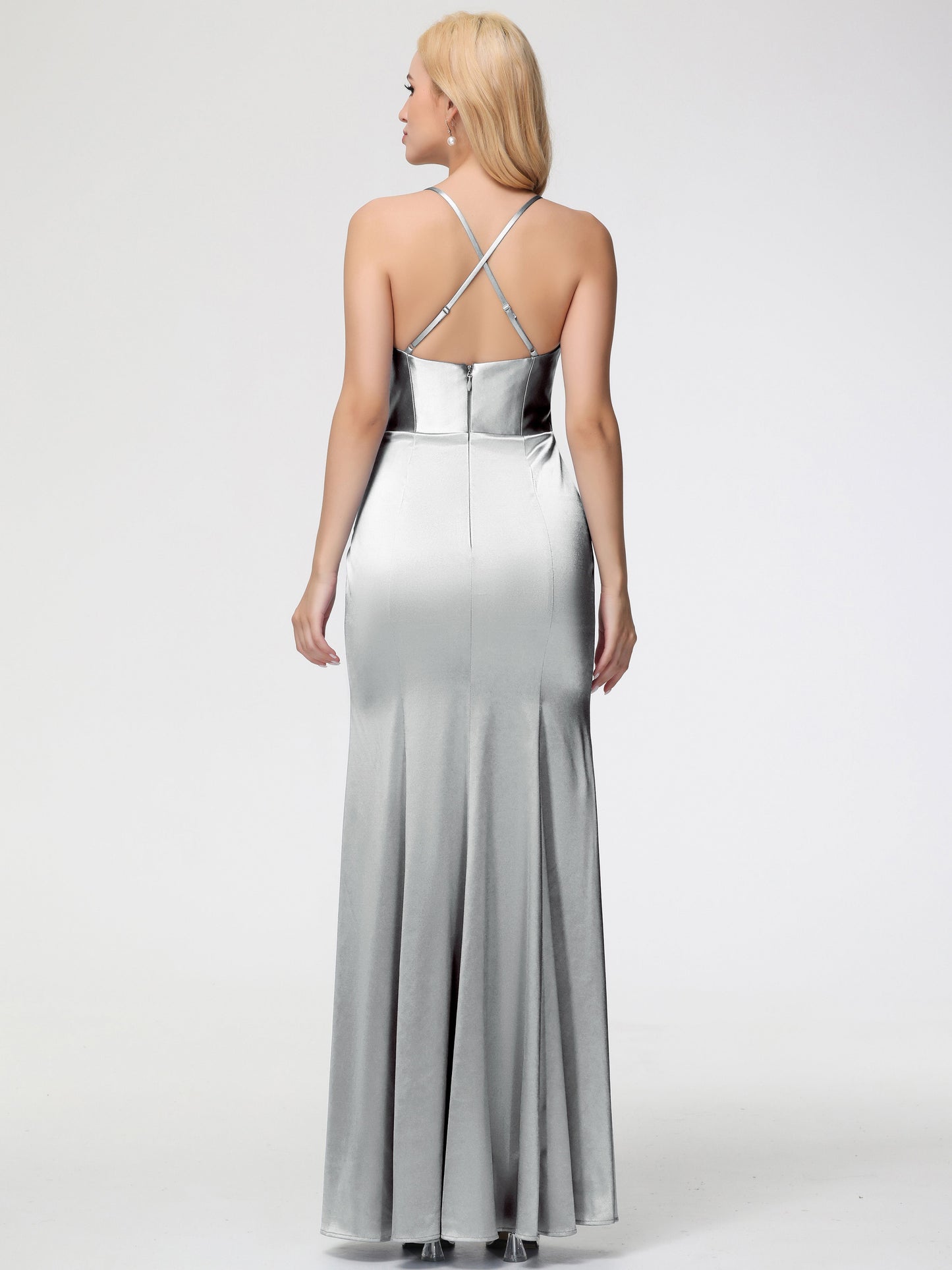 Bridesmaid Dress Silver Sleeveless Cowl Spaghetti Straps Trumpet/Mermaid Split Stretch Satin Bridesmaid Dresses