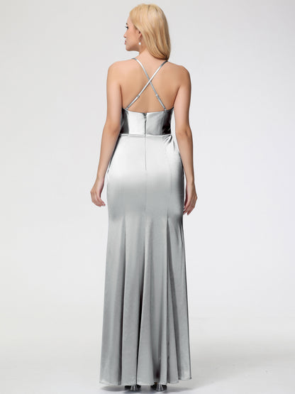 Bridesmaid Dress Silver Sleeveless Cowl Spaghetti Straps Trumpet/Mermaid Split Stretch Satin Bridesmaid Dresses